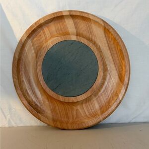 Crate & Barrel Wood & Slate Round Serving Platter with slate center